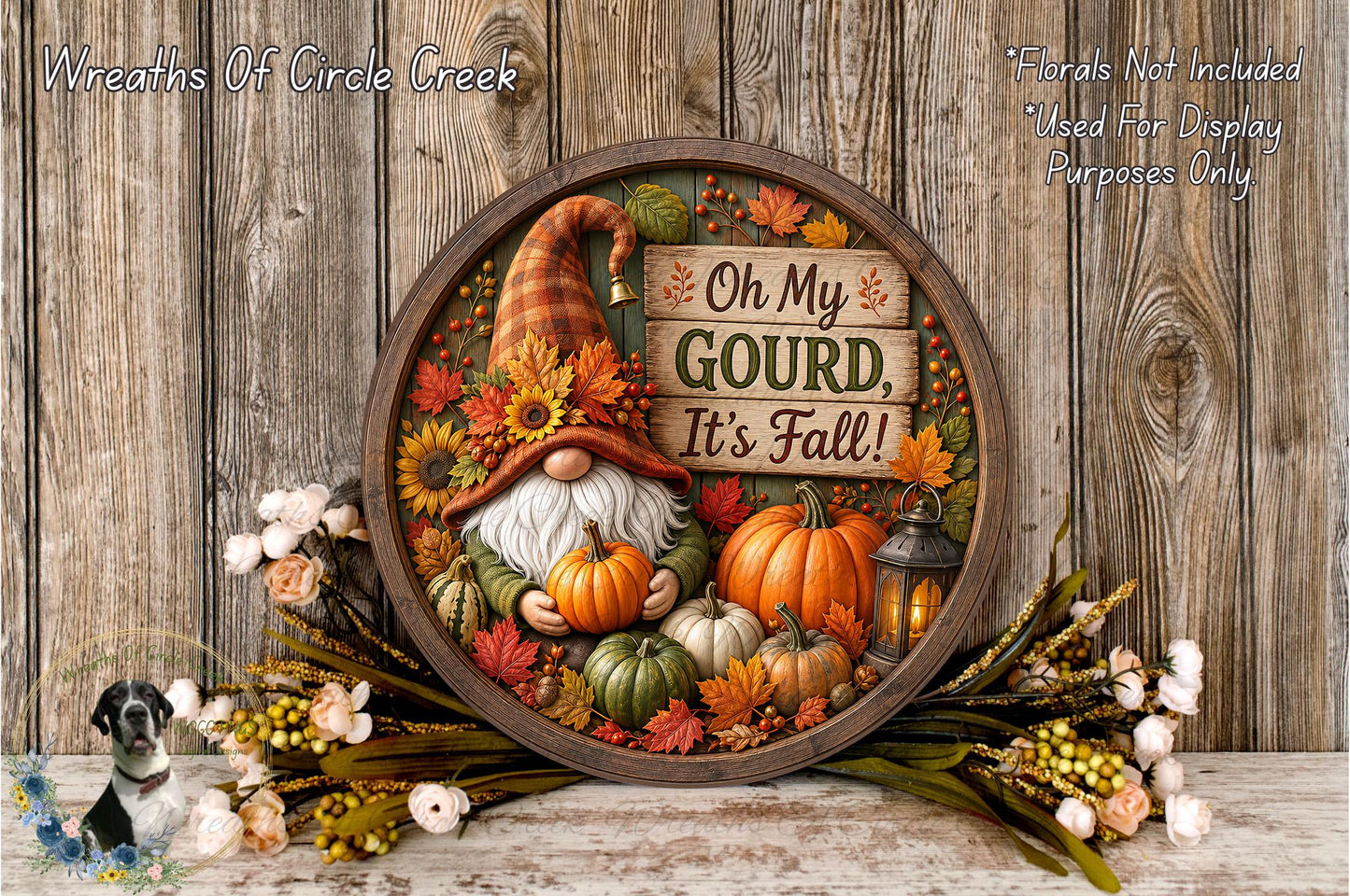 A round wooden wreath with a gnome and fall-themed decorations, including pumpkins, flowers, and a sign that says "Oh My Gourd, It's Fall!".