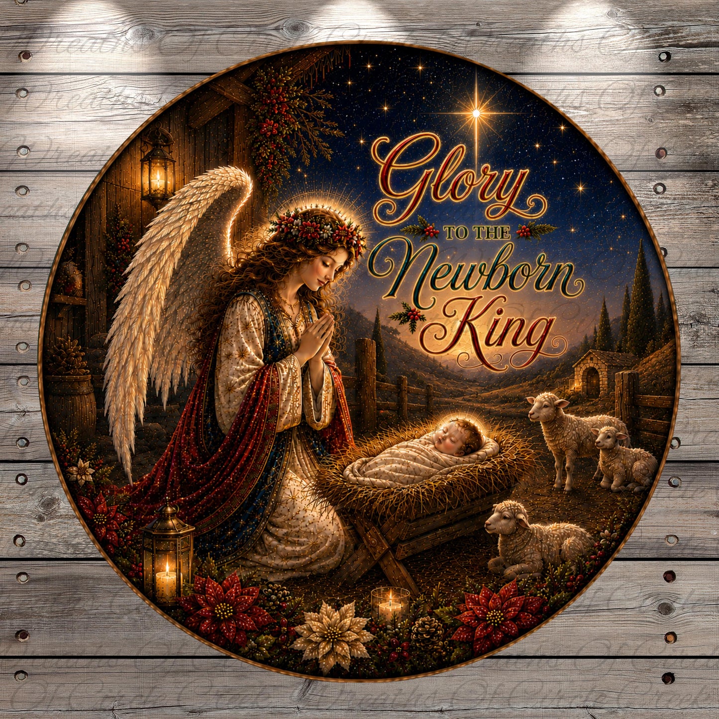 a nativity scene with a baby in a manger, an angel with wings, and two lambs. The scene is set against a night sky with stars and a bright star. The text "Glory to the Newborn King" is displayed above the scene.