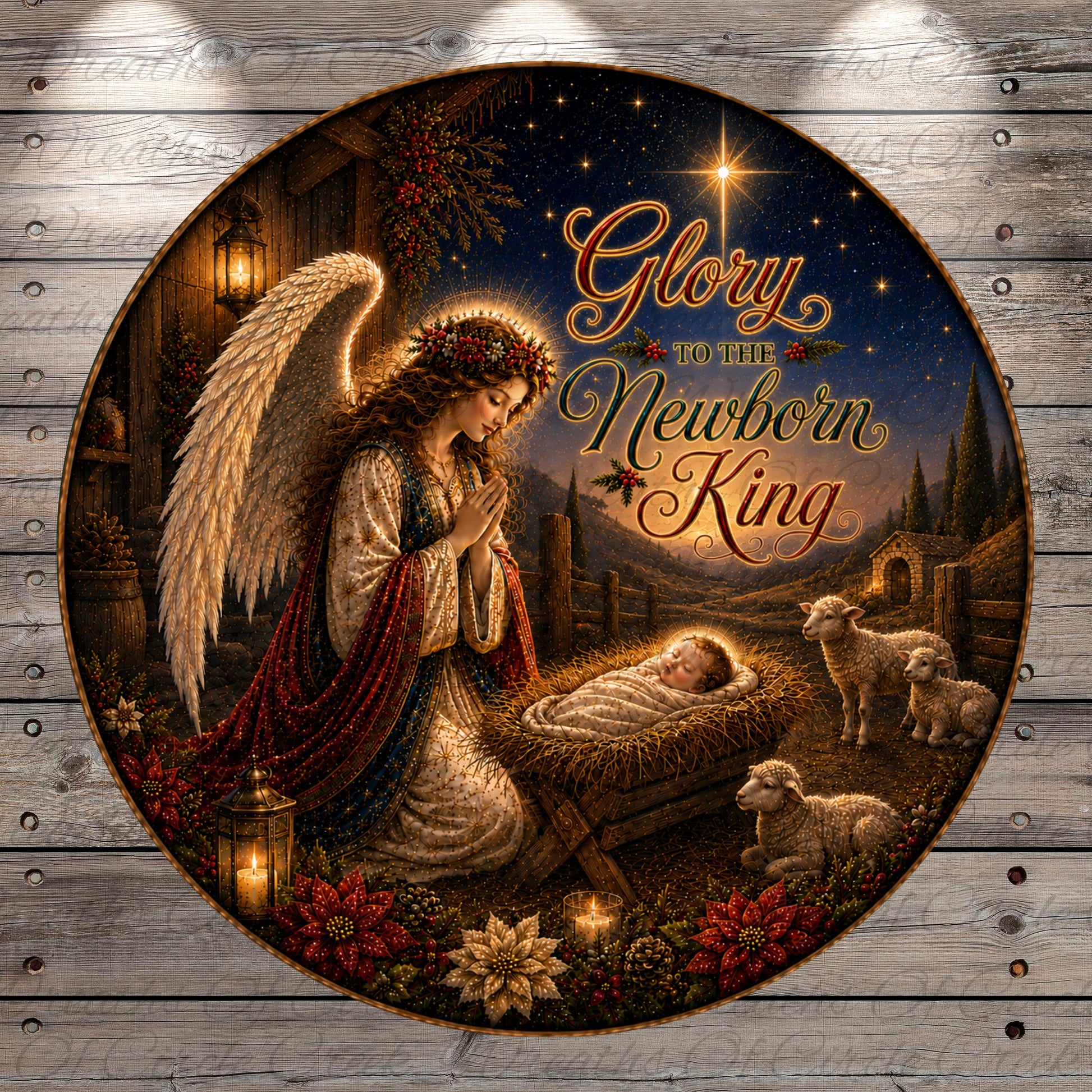 a nativity scene with a baby in a manger, an angel with wings, and two lambs. The scene is set against a night sky with stars and a bright star. The text "Glory to the Newborn King" is displayed above the scene.