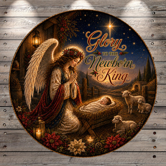 a nativity scene with a baby in a manger, an angel with wings, and two lambs. The scene is set against a night sky with stars and a bright star. The text "Glory to the Newborn King" is displayed above the scene.