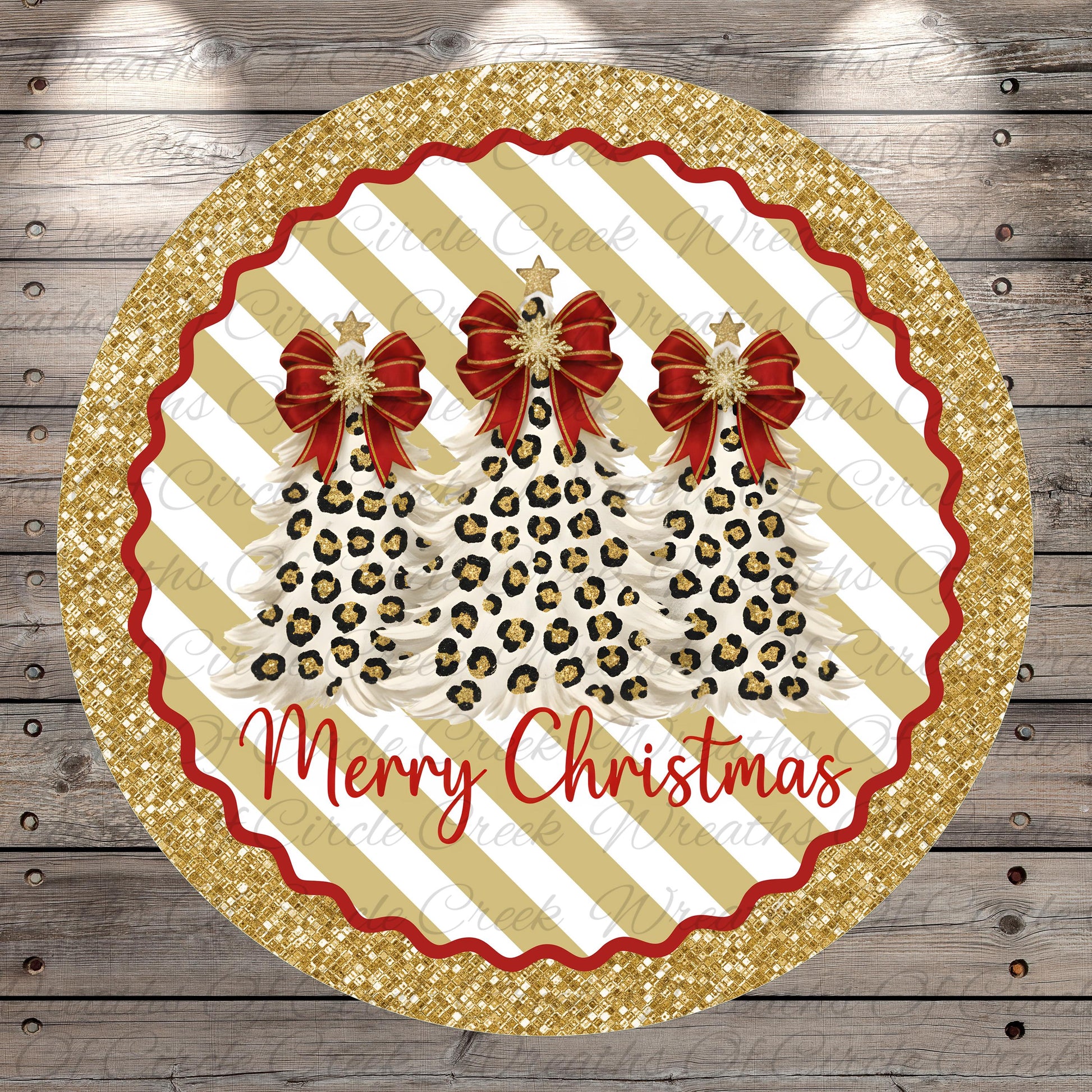 A festive Christmas-themed image featuring three leopard-print Christmas trees with red bows, surrounded by a gold and white striped border and the text "Merry Christmas" in the center.
