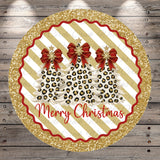 A festive Christmas-themed image featuring three leopard-print Christmas trees with red bows, surrounded by a gold and white striped border and the text "Merry Christmas" in the center.
