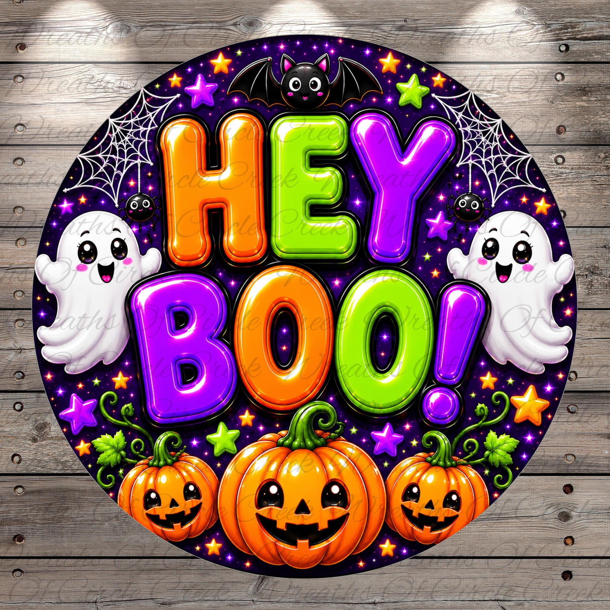 a Halloween-themed design with a circular border, surrounded by various spooky and festive elements such as a bat, spider, ghost, pumpkin, and stars. The text "HEY BOO!" is prominently displayed in the center of the image, creating a cheerful and festive atmosphere.