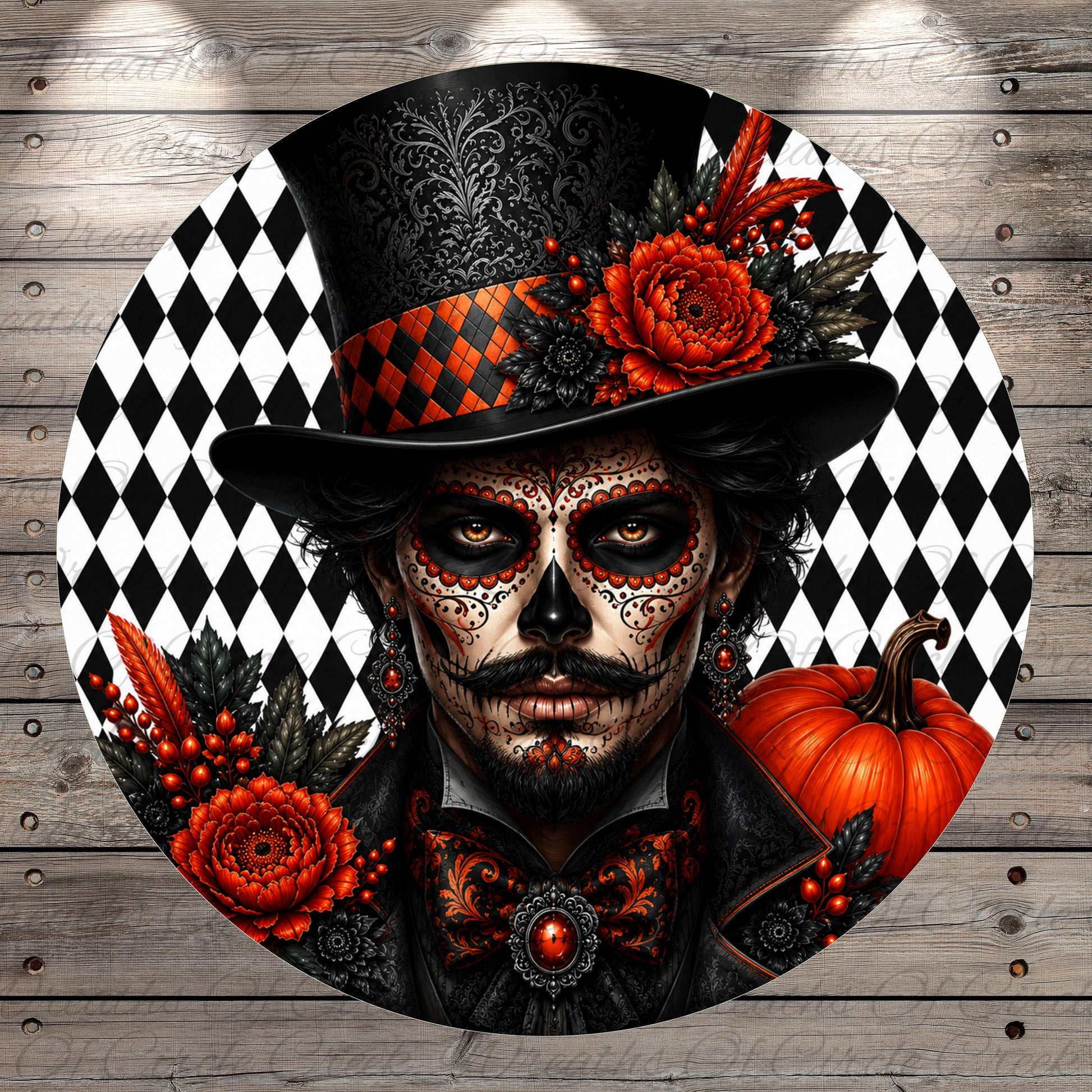 A digital illustration of a man with a skull-like face, wearing a top hat and surrounded by red flowers and a pumpkin.
