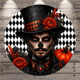 A digital illustration of a man with a skull-like face, wearing a top hat and surrounded by red flowers and a pumpkin.