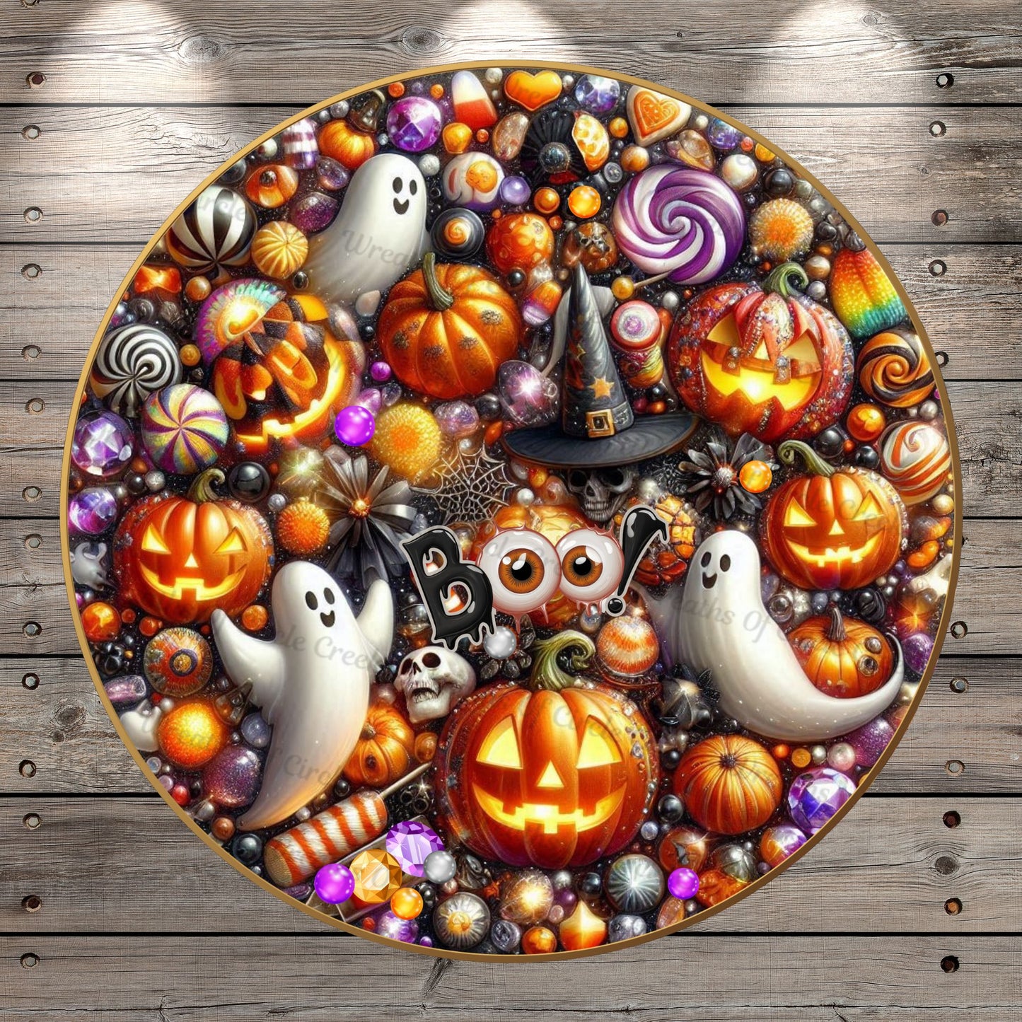 Halloween Collage, Jewels, Ghost, Candy, Jack O Lanterns, Faux 3D, Round, Light Weight, Metal, Wreath Sign, No Holes In Sign