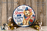 A decorative sign featuring a golden retriever dog with a patriotic theme, surrounded by flowers and patriotic symbols.