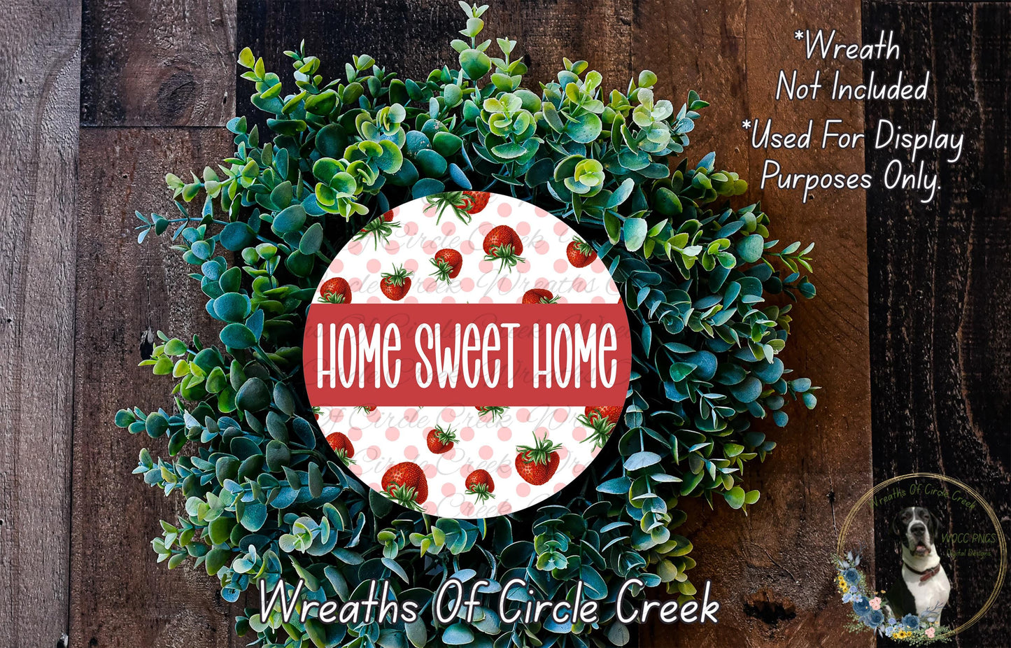 a wreath made of green leaves and red tomatoes, with the text "Home Sweet Home" displayed prominently in the center.