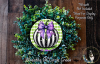 a wreath with a black and white striped pumpkin as the centerpiece, surrounded by a lush green plant. The wreath is not included in the image, and it is used for display purposes only.