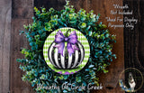 a wreath with a black and white striped pumpkin as the centerpiece, surrounded by a lush green plant. The wreath is not included in the image, and it is used for display purposes only.