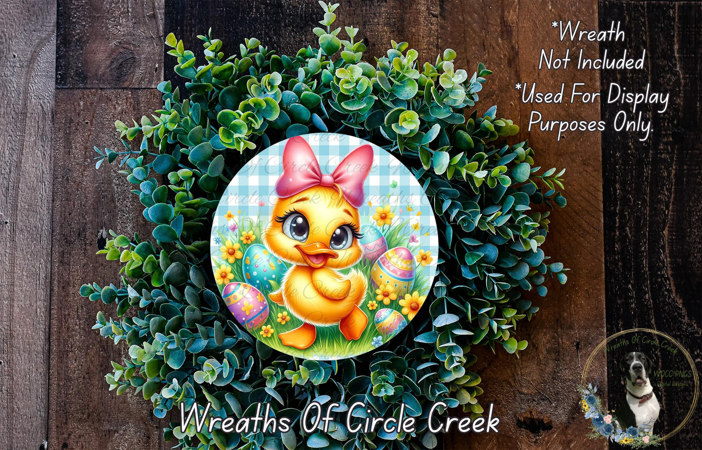 a wreath with a cartoon duck wearing a pink bow, surrounded by green foliage and decorated with Easter eggs.