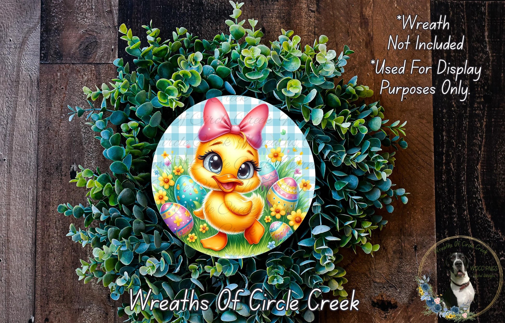 a wreath with a cartoon duck wearing a pink bow, surrounded by green foliage and decorated with Easter eggs.