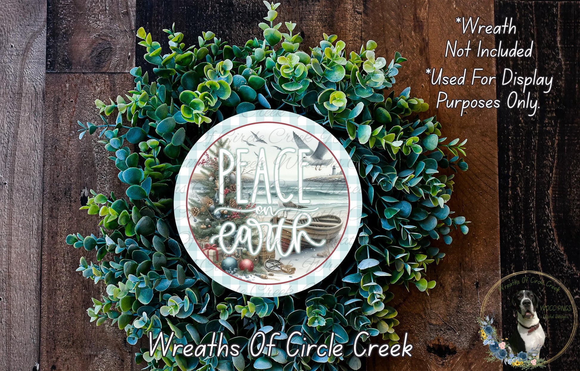 A wreath made of green leaves and branches, with a circular sign in the center that says "Peace on Earth".