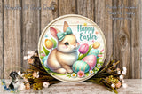 A round wooden sign with a bunny and Easter eggs, surrounded by flowers and greenery, with the text "Happy Easter" displayed on it.