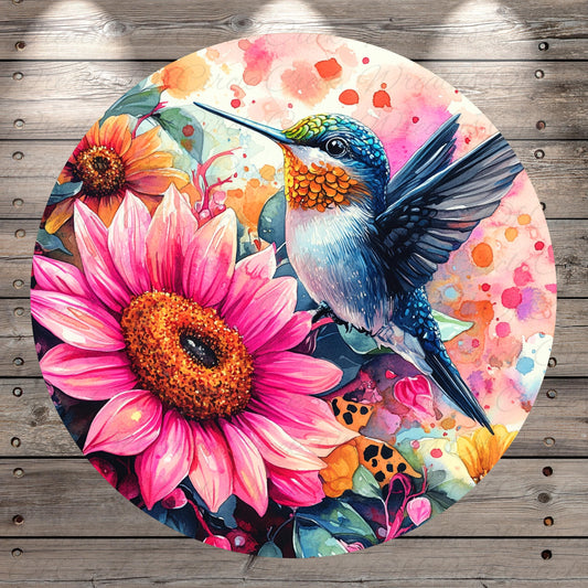 a painting of a hummingbird and a flower on a wooden background