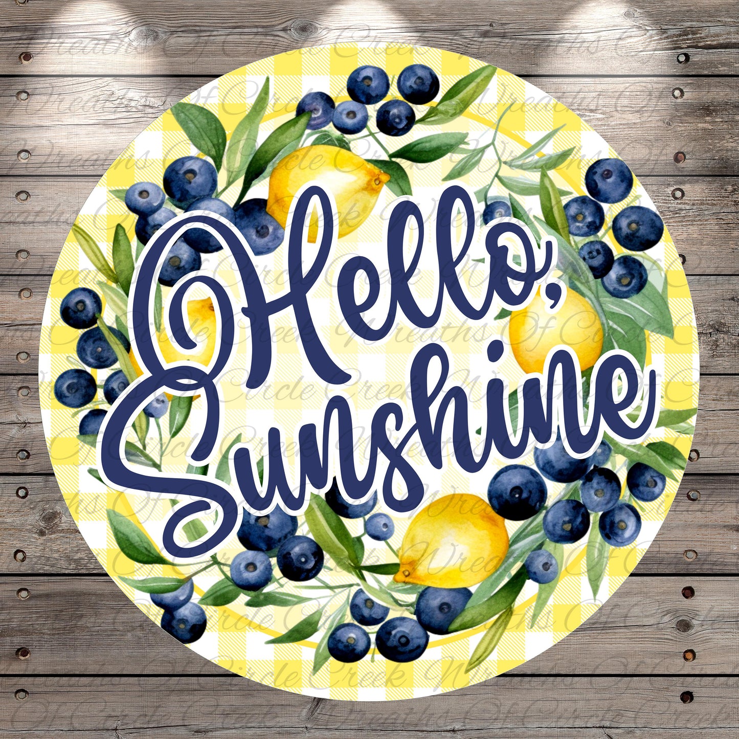 Hello Sunshine Lemon Blueberry Sign | Lightweight Round Metal Wreath Sign | No Holes in Sign | Farmhouse Summer Decor