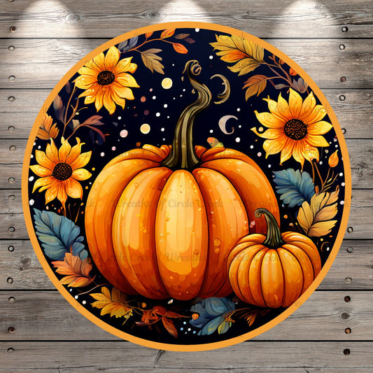 Two Fall Pumpkins, Sunflowers, Round, Light Weight, Metal Wreath Sign, No Holes In Sign
