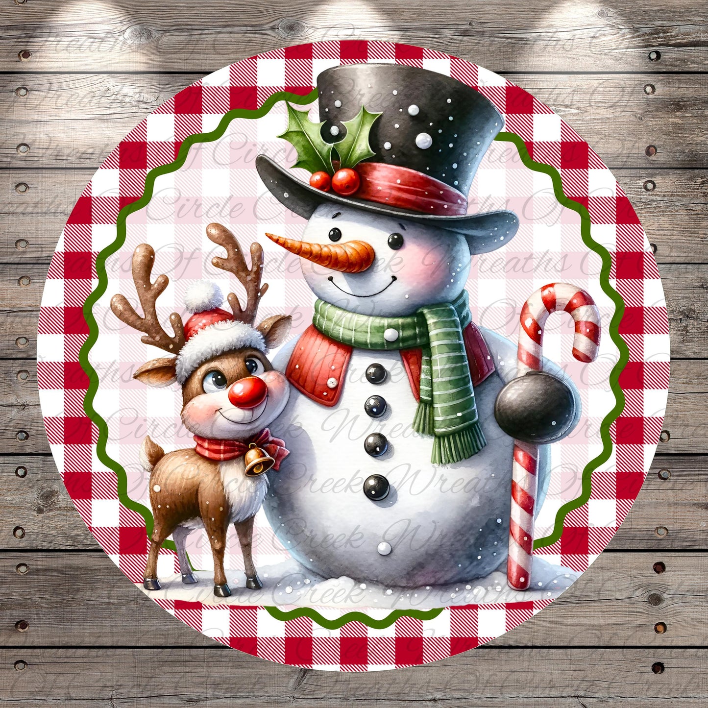 A snowman and a reindeer standing together on a red and white checkered background.