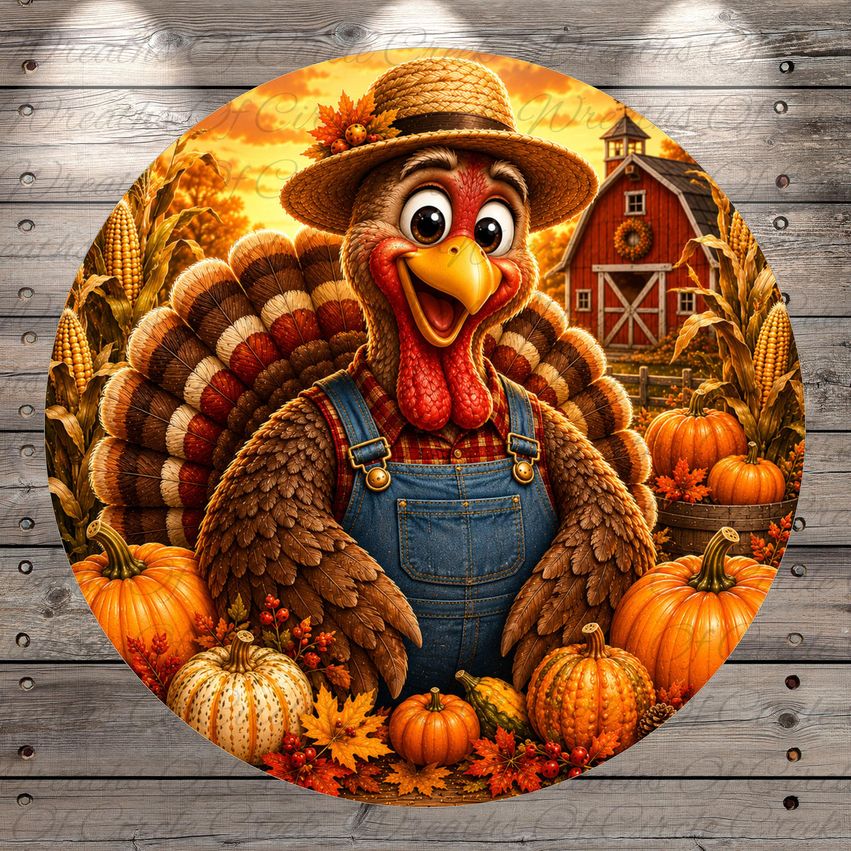 A cheerful turkey wearing overalls and a straw hat stands amidst a festive autumn scene, surrounded by pumpkins, gourds, and a barn in the background.