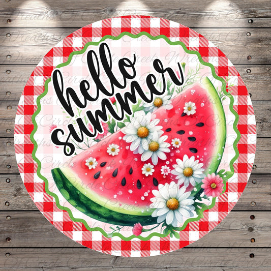 A circular design featuring a watermelon slice surrounded by white flowers and green leaves, with the text "Hello summer" written on it.