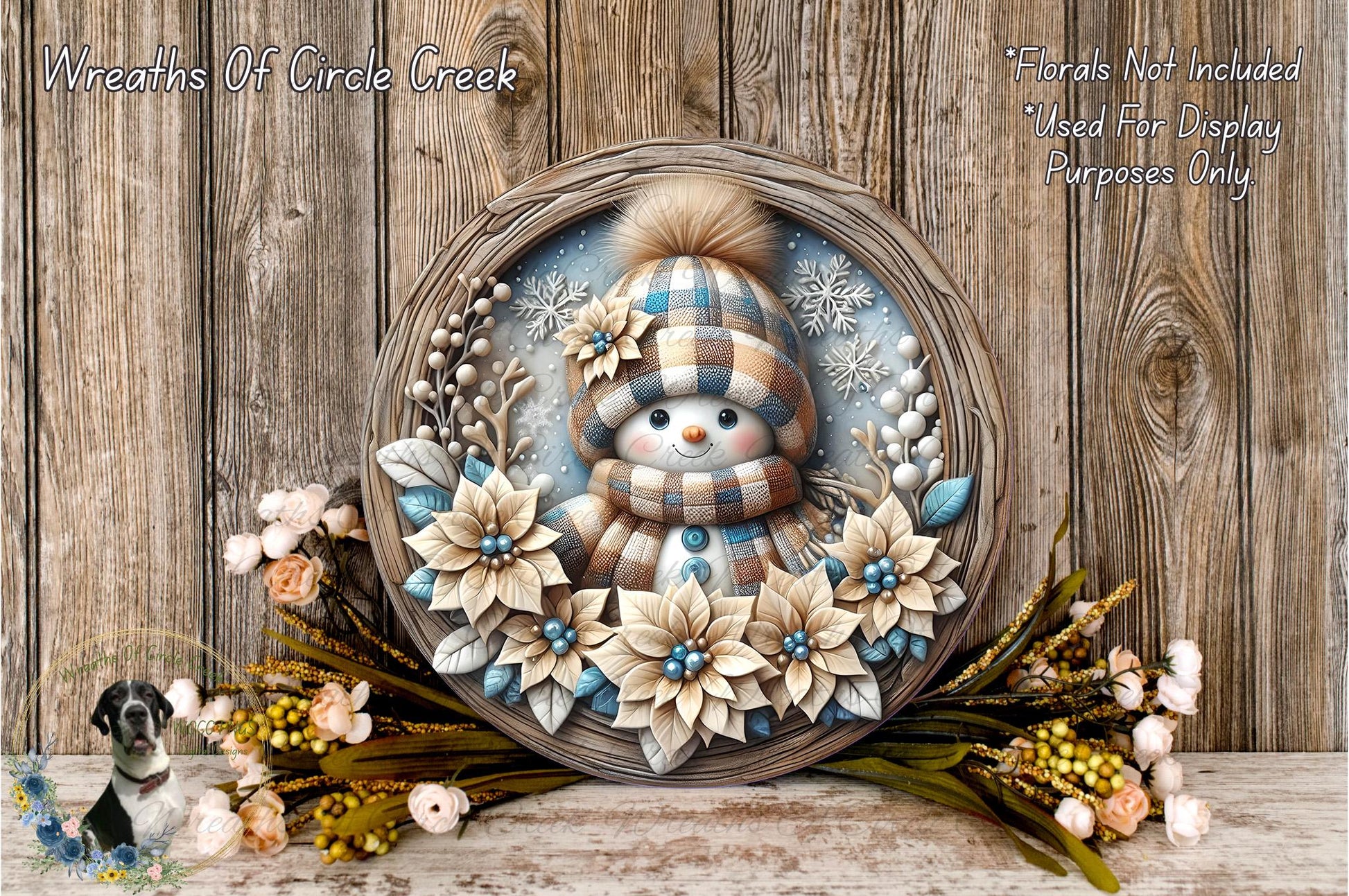 A wreath featuring a snowman and flowers, with a wooden background.