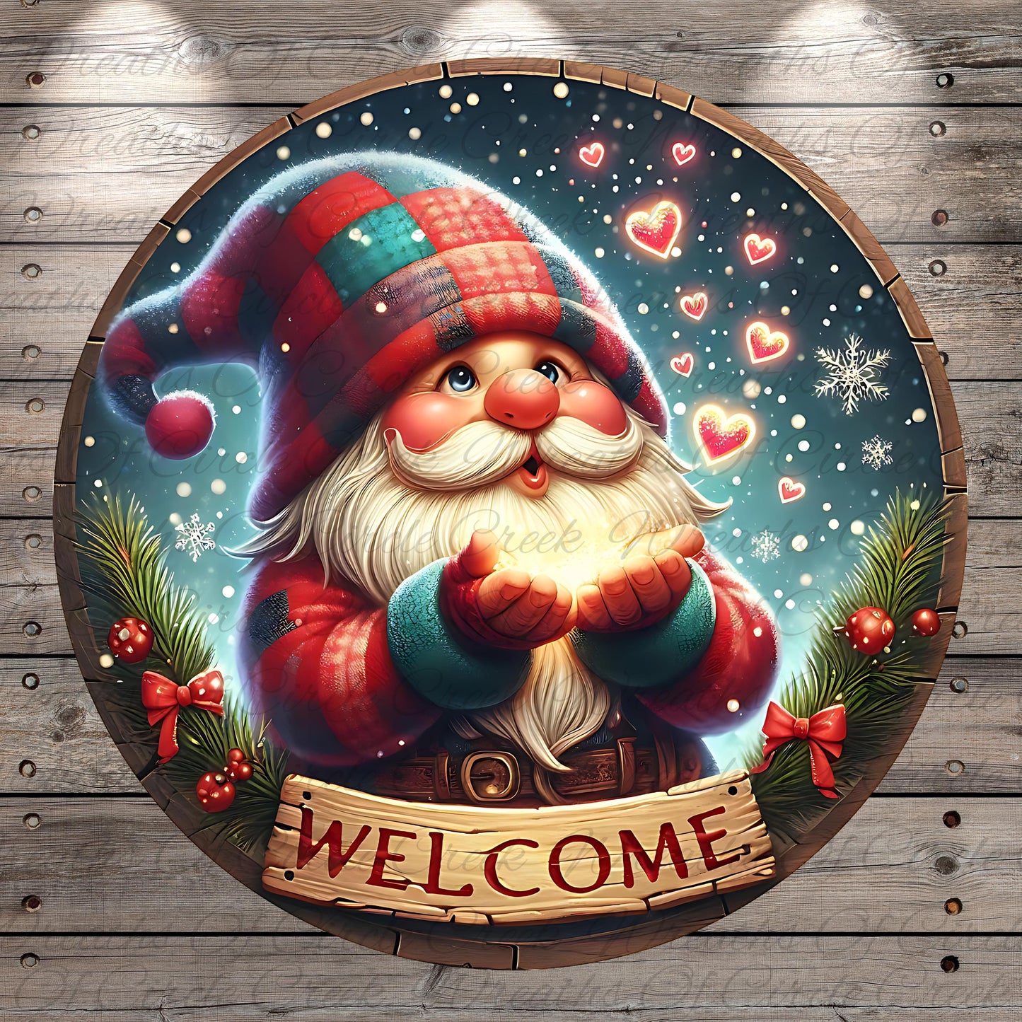 A cheerful cartoon gnome wearing a red and green striped hat and holding a glowing light, surrounded by snowflakes and Christmas decorations, with a "Welcome" sign below.