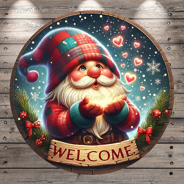 A cheerful cartoon gnome wearing a red and green striped hat and holding a glowing light, surrounded by snowflakes and Christmas decorations, with a "Welcome" sign below.