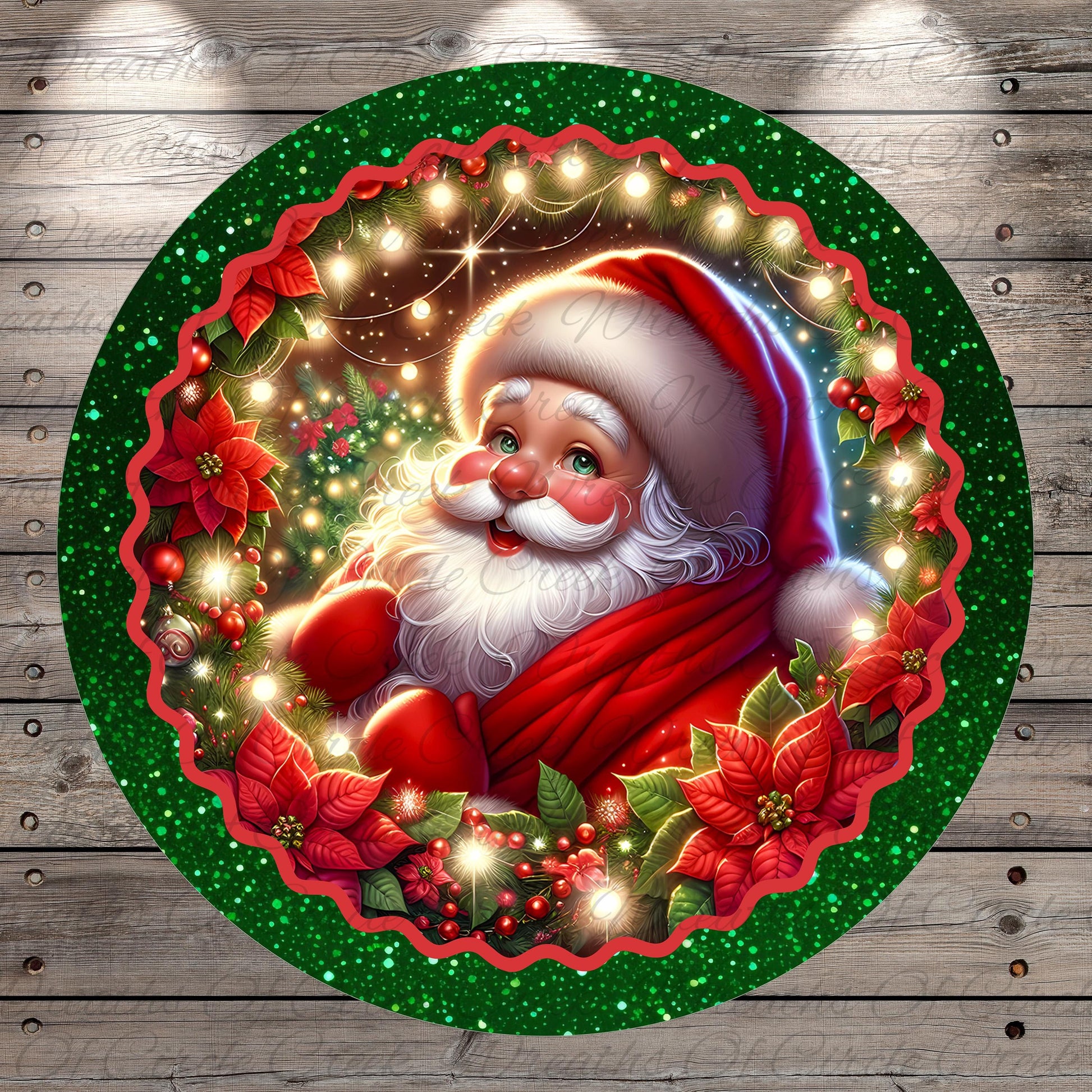 A festive Christmas scene featuring a smiling, bearded Santa Claus figure surrounded by a wreath of poinsettias, pine cones, and twinkling lights.