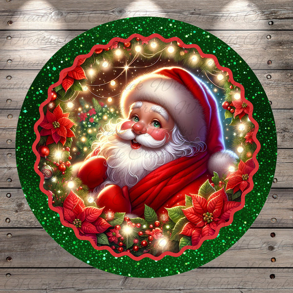 A festive Christmas scene featuring a smiling, bearded Santa Claus figure surrounded by a wreath of poinsettias, pine cones, and twinkling lights.