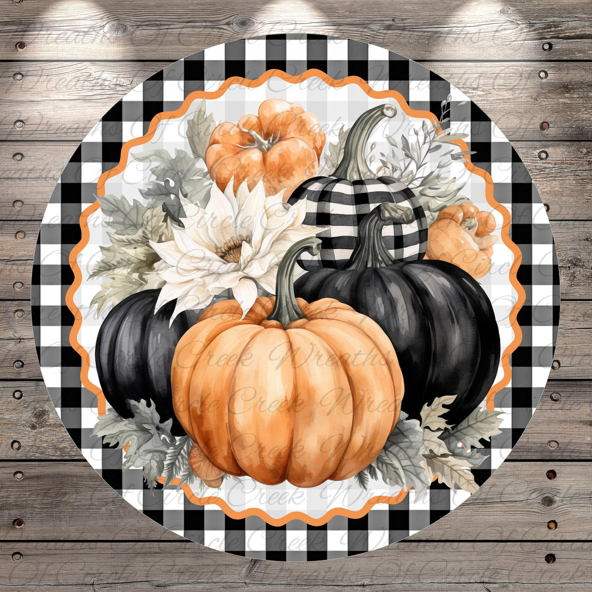 A circular arrangement of pumpkins and flowers on a wooden background, with a black and white checkered border.