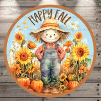 Happy Fall, Scarecrow, Pumpkins, Sunflowers, Round UV Coated, Metal Sign, No Holes