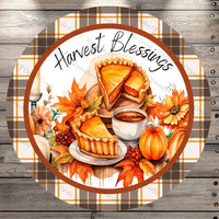 Harvest Blessings, Pumpkin Pies, Fall Plaid Border, Round UV Coated, Metal Sign, No Holes