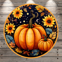 Two Fall Pumpkins, Sunflowers, Round, Light Weight, Metal Wreath Sign, No Holes In Sign