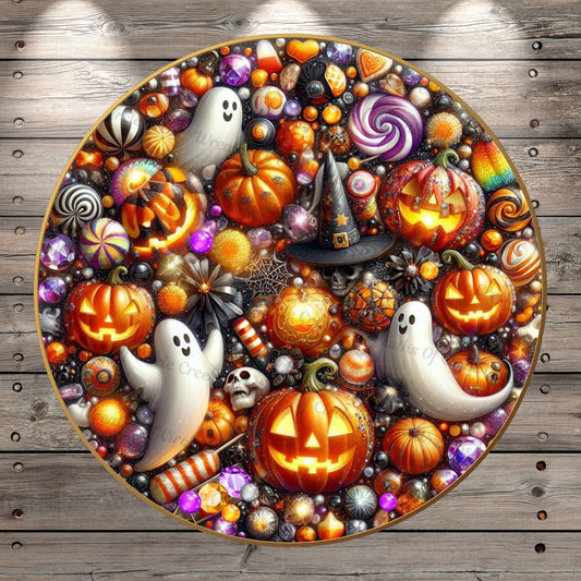 Halloween Collage, Jewels, Ghost, Candy, Jack O Lanterns, Faux 3D, Round, Light Weight, Metal, Wreath Sign, No Holes In Sign