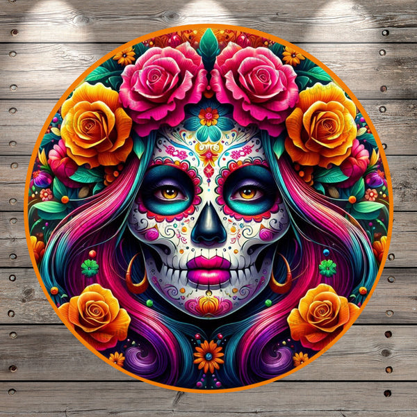 Day Of The Dead, Dia De Los Muertos, Women, Orange, Pink Florals, Vibrant Multi Colors, Light Weight, Metal, Wreath Sign, No Holes In Sign