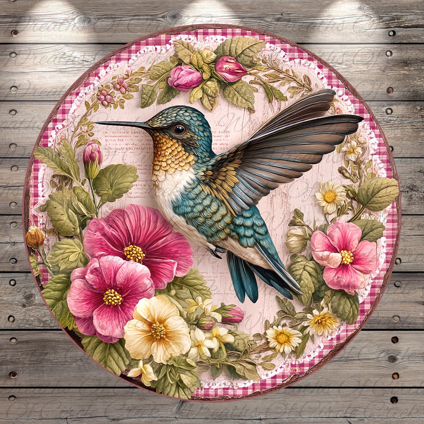 A colorful illustration of a hummingbird surrounded by flowers and foliage, set against a pink and white floral background.