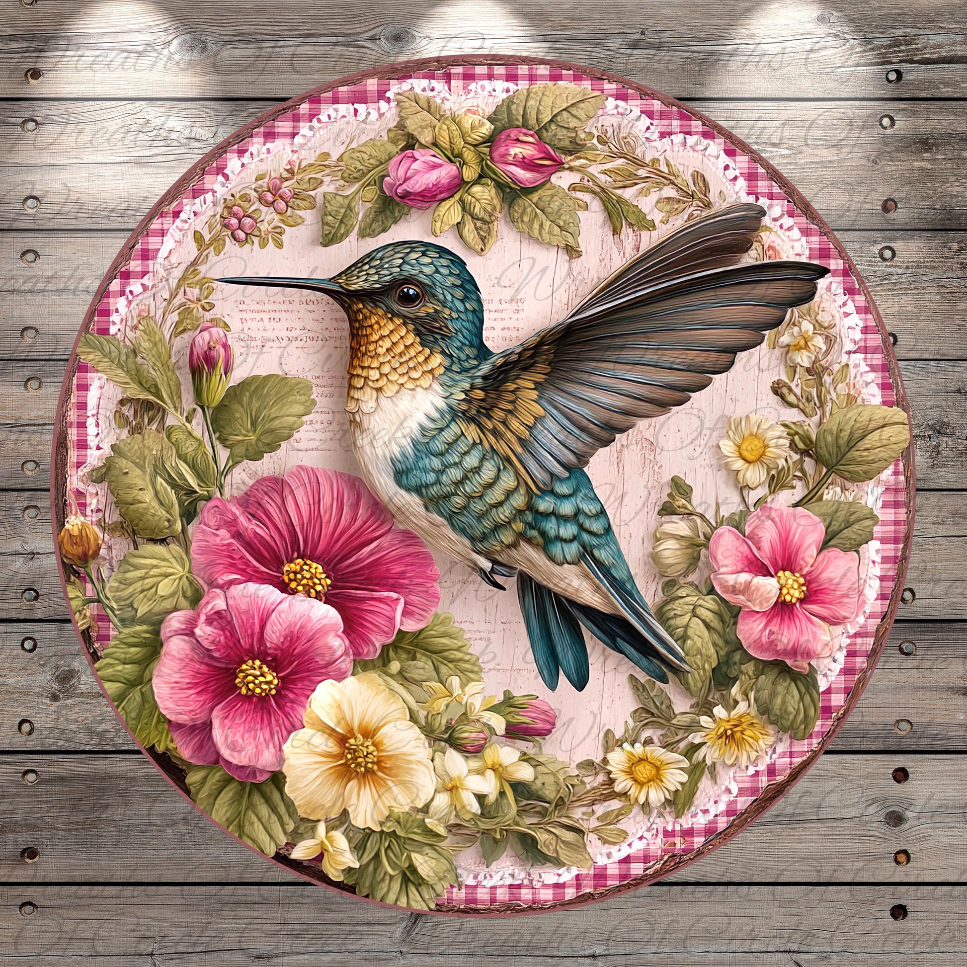 A colorful illustration of a hummingbird surrounded by flowers and foliage, set against a pink and white floral background.