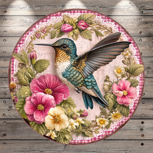 A colorful illustration of a hummingbird surrounded by flowers and foliage, set against a pink and white floral background.