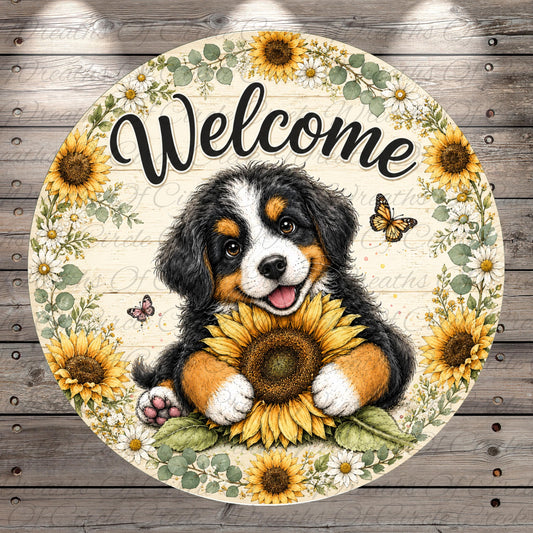 A cheerful dog holding a sunflower is surrounded by a wreath of flowers and butterflies, with the word "Welcome" written above it.