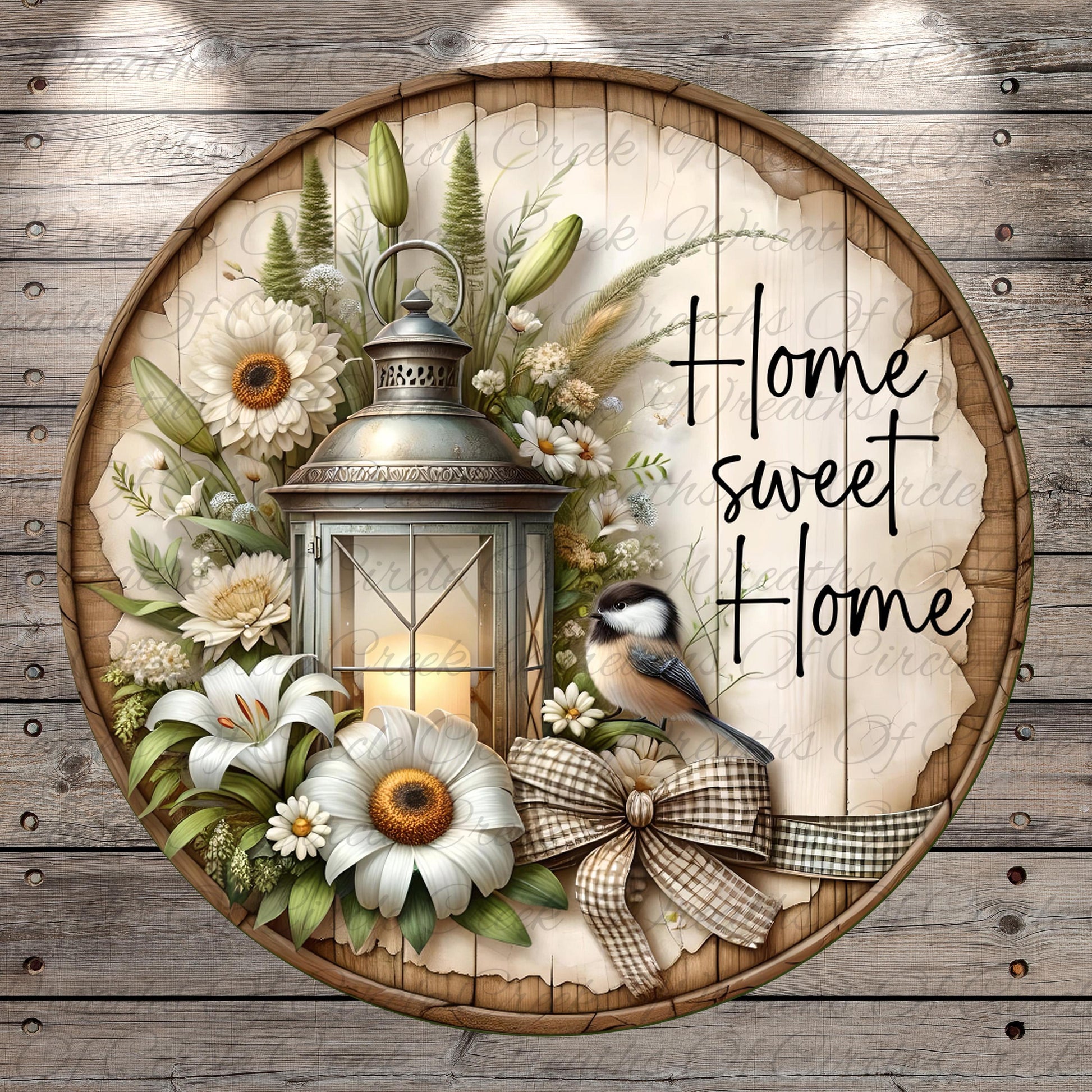 A wooden barrel with a lantern, flowers, and a bird, along with the text "Home sweet home" written on it.