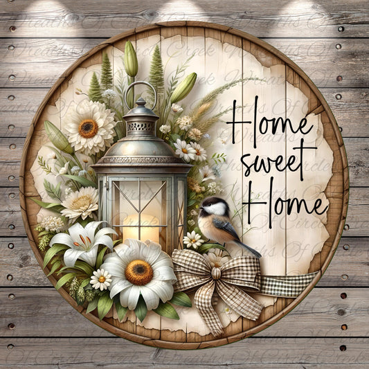 A wooden barrel with a lantern, flowers, and a bird, along with the text "Home sweet home" written on it.