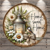 A wooden barrel with a lantern, flowers, and a bird, along with the text "Home sweet home" written on it.