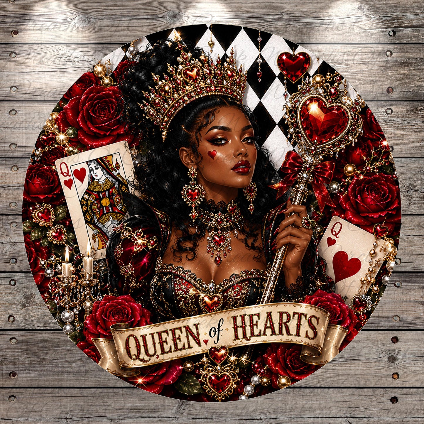 A woman wearing an ornate crown and holding a heart-shaped staff, surrounded by red roses and the text "Queen of Hearts".