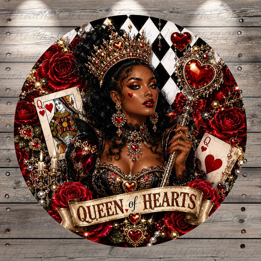A woman wearing an ornate crown and holding a heart-shaped staff, surrounded by red roses and the text "Queen of Hearts".
