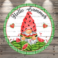 Watermelon Gnome, Hello Summer, Hearts, Plaid, Round, Light Weight, Metal Wreath Sign, No Holes,  UV Coated