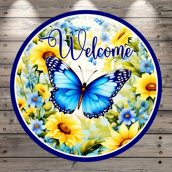 Blue Butterfly, Welcome, Florals, Round, Light Weight, Metal, Wreath Sign, With No Holes
