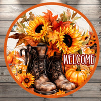 Fall Boots, Welcome, Sunflowers And Pumpkins, Round UV Coated, Metal Sign, No Holes