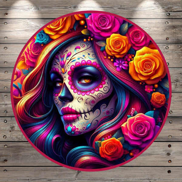 Day Of The Dead, Dia De Los Muertos, Women, Side Profile, Orange, Pink Florals, Vibrant Multi Colors, Light Weight, Metal, Wreath Sign, No Holes In Sign