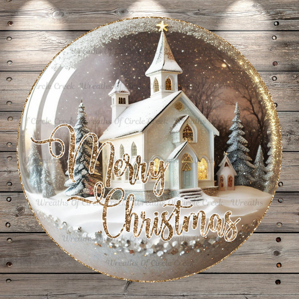 Snow Globe, Winter Church, Gold, Merry Christmas, Round, Light Weight, Metal Wreath Sign, No Holes
