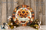 a decorative plate with a floral design, surrounded by a bouquet of flowers and leaves, and a banner that says "Welcome".